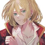  1boy argyle argyle_coat blonde_hair earrings green_eyes hair_between_eyes highres howl_(howl_no_ugoku_shiro) howl_no_ugoku_shiro jacket jacket_on_shoulders jewelry looking_at_viewer male_focus shirt short_hair simple_background smile solo sparkle upper_body white_background white_shirt yadu_nadu 