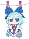  absurdres aqua_hair blue_bow blue_dress blue_eyes blush_stickers bow cirno closed_mouth clothes_pin clothesline dress full_body fumo_(doll) hair_bow highres ice ice_wings jitome kame_(kamepan44231) looking_at_viewer no_humans short_hair simple_background smile touhou wet white_background wings 