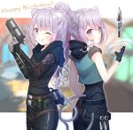  2girls :q absurdres alternate_hairstyle animal_ears apex_legends armor black_bodysuit black_gloves black_scarf blue_shirt blurry blurry_background blush bodysuit braid breasts cat_ears cat_girl cat_tail closed_mouth commentary_request cosplay cowboy_shot crop_top dual_persona fingerless_gloves gloves grey_gloves gun hair_bun handgun happy_birthday high_ponytail highres holding holding_gun holding_weapon ina_uruu jett_(valorant) jett_(valorant)_(cosplay) kugatsu_tooka kunai long_hair looking_at_viewer looking_back medium_bangs medium_breasts multicolored_hair multiple_girls nanashi_inc. one_eye_closed pauldrons pink_hair pouch purple_hair scarf second-party_source shirt shoulder_armor single_hair_bun sleeveless sleeveless_shirt smile tail tongue tongue_out two-tone_hair valorant virtual_youtuber weapon wraith_(apex_legends) wraith_(apex_legends)_(cosplay) zipper 