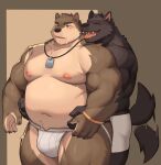  2023 anthro belly biceps black_body black_claws black_ears black_fingers black_fur black_tail blush brown_body brown_ears brown_fur bulge canid canine canis claws clothed clothing duo eyebrows eyes_closed finger_claws fur hands_on_belly jockstrap jockstrap_only male mammal moki nipples open_mouth overweight overweight_anthro overweight_male tail teeth tongue topless underwear underwear_only white_clothing white_underwear wolf 