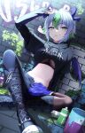  1girl black_footwear black_hoodie black_nails black_pants black_thighhighs boots breasts bsapricot_(vtuber) bsapricot_(vtuber)_(8th_costume) cropped_hoodie demon_girl demon_horns demon_wings fishnet_top fishnets graffiti green_eyes green_hair hair_ornament highres hood hoodie horns large_breasts looking_at_viewer mouth_hold multicolored_hair nail_polish nohanenoe official_alternate_costume open_fly paint_can pants pointy_ears smile solo streaked_hair thighhighs underboob virtual_youtuber vshojo wings x_hair_ornament 