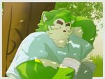  2023 4:3 anthro blush book canid canine canis clothing domestic_dog green_body hi_res humanoid_hands kemono lifewonders littlejimmy1218 live_a_hero male mammal mokdai outside plant reading shirt slightly_chubby solo topwear tree 