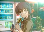  1girl absurdres artist_name blurry blurry_background braid brown_hair day eating emily_cooper_(scrophopper) glasses highres holding holding_phone holding_sandwich long_hair looking_at_viewer original outdoors phone scrophopper short_sleeves sidelocks twintails upper_body vending_machine 