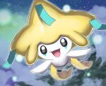  :d above_clouds blurry blurry_background bright_pupils cloud commentary_request flying grey_eyes happy highres jira_(ziraiya26) jirachi looking_at_viewer night no_humans open_mouth outdoors outstretched_arms pokemon pokemon_(creature) sky smile solo tongue white_pupils 