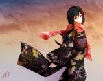  1girl black_hair black_kimono closed_mouth cloud floral_print from_side fudo_shin hair_ornament highres japanese_clothes kimono long_hair looking_at_viewer obi obijime print_kimono print_scarf red_eyes red_scarf sash sayo_samonji_(tenka_hyakken) scarf signature smile solo sunset tenka_hyakken wide_sleeves 