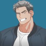  1boy bad_link bara ear_piercing frown grey_hair grin highres jacket looking_at_viewer male_focus multicolored_hair muscular muscular_male open_clothes open_jacket original piercing profile_picture shirt short_hair sideburns smile solo takayakaiti_(tk049ccn) thick_eyebrows thick_neck two-tone_hair upper_body white_shirt 