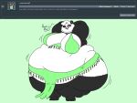  2018 4:3 5_toes anthro arm_markings ask_blog barefoot batspid2 bear bedlah belly belly_dancer belly_dancer_outfit big_belly big_breasts biped black_body black_eyebrows black_eyelashes black_fur black_markings black_nose bottomwear breasts clothing dialogue digital_drawing_(artwork) digital_media_(artwork) double_chin ear_markings english_text eyebrows facial_markings feet female flabby_arms flat_colors front_view fur giant_panda glistening glistening_eyes glistening_nose green_background green_bottomwear green_clothing green_eyes green_topwear hair hands_behind_head head_markings huge_breasts huge_thighs hyper hyper_belly hyper_hips hyper_thighs leg_markings looking_at_viewer love_handles mammal markings mask_(marking) midriff morbidly_obese morbidly_obese_anthro morbidly_obese_female motion_lines multicolored_body multicolored_fur obese obese_anthro obese_female one_eye_closed open_mouth overweight overweight_anthro overweight_female question side_boob simple_background socks_(marking) sofia_(batspid2) solo standing text thick_thighs three-quarter_view toes topwear two_tone_body two_tone_fur white_body white_fur white_hair wink 