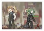  2girls =_= ahoge black_footwear black_gloves black_jacket black_necktie black_pants black_vest blood blue_necktie cleaning closed_eyes collared_shirt commentary_request covered_mouth e.g.o_(project_moon) employee_(lobotomy_corporation) gloves green_eyes green_hair hand_on_own_hip harvest_fes holding holding_mop holding_tongs jacket light_brown_hair lobotomy_corporation long_sleeves mop multiple_girls necktie open_mouth pants ponytail project_moon shirt smile trash_bag two_side_up vest white_shirt 