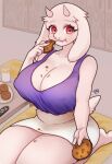  anthro big_breasts bovid breasts caprine cleavage clothed clothing cookie crumbs eating erect_nipples female food fullpillow_(artist) goat hair hi_res horn looking_at_viewer mammal nipples red_eyes solo toriel undertale_(series) white_hair 