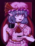  1990s_(style) 1girl bat_wings breasts choker collar cup dithering dress fangs frills gothic gothic_lolita hat hat_ribbon holding holding_cup lilian_duleroux lolita_fashion no_humans pale_skin pc-98_(style) pixel_art pointy_ears red_eyes red_ribbon remilia_scarlet retro_artstyle ribbon slit_pupils small_breasts smile smug solo touhou vampire wings 