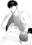  1boy abs ball basketball_(object) clothes_lift greyscale highres holding holding_ball male_focus monochrome muscular muscular_male navel om3632f rukawa_kaede short_hair shorts slam_dunk_(series) solo tank_top twitter_username 