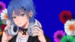  1boy black_choker black_shirt blue_background blue_eyes blue_hair blue_nails choker commentary_request earrings flower green_flower headphones headphones_around_neck highres holding holding_headphones jewelry looking_at_viewer norimaki_(seidan0611) original purple_flower red_flower shirt short_hair simple_background solo white_flower white_shirt 