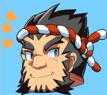  1boy bad_link bara black_hair cropped_shoulders facial_hair forked_eyebrows goatee goriin110 hachimaki headband looking_to_the_side male_focus mature_male mutton_chops nejiri_hachimaki notice_lines profile_picture short_hair sideways_glance smile solo tajikarao_(housamo) thick_eyebrows tokyo_afterschool_summoners tusks 