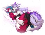  absurd_res anthro blue_eyes blush breasts canid canine collar duo f-r95 female fluffy fluffy_tail fur genitals grey_body grey_fur hi_res licking male male/female mammal nipples pawpads pussy red_body red_fur simple_background tail tongue tongue_out 