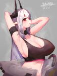 1girl absurdres arknights armpits arms_behind_head arms_up artist_name bare_shoulders black_choker blush breasts choker demon_horns ear_piercing grey_background grey_hair highres horns huge_breasts kkkweenie long_hair looking_at_viewer mudrock_(arknights) navel open_mouth piercing pointy_ears red_eyes signature simple_background sports_bra stomach upper_body very_long_hair 