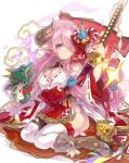  1girl animal bare_shoulders bell blue_eyes blush boots breasts brown_footwear bug butterfly cleavage closed_mouth commentary_request dragon full_body granblue_fantasy hair_over_one_eye haku_(sabosoda) hand_up highres holding holding_sword holding_weapon horns japanese_clothes jingle_bell kagura_suzu katana kimono large_breasts long_hair long_sleeves looking_at_viewer narmaya_(granblue_fantasy) pink_hair pointy_ears red_skirt ribbon-trimmed_sleeves ribbon_trim sheath sheathed sitting skirt smile solo sword thighhighs thighhighs_under_boots very_long_hair wariza weapon white_background white_kimono white_thighhighs wide_sleeves 