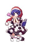  1girl black_capelet blue_eyes blue_hair bow capelet closed_mouth commentary_request doremy_sweet footwear_bow full_body hat looking_at_viewer lowres nightcap pixel_art pom_pom_(clothes) red_headwear short_hair short_sleeves simple_background smile solo standing tail tapir_tail touhou touhou_mystia&#039;s_izakaya white_background white_footwear youzikk 