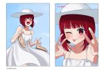  1girl arima_kana blue_background bob_cut closed_eyes dress highres inverted_bob looking_at_viewer one_eye_closed open_mouth oshi_no_ko red_eyes red_hair short_hair simple_background smile tongue tongue_out tsunkyunn v white_dress white_headwear 