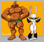  absurd_res andromorph anthro brown_body bulge canid canine canis clothed clothing dogmanart domestic_dog duo genitals gloves handwear hi_res intersex lagomorph male mammal max_(sam_and_max) muscular muscular_male pussy sam_and_max samuel_dog size_difference standing thick_thighs topless underwear undressed white_body wide_hips 