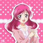  1girl :d artist_name blazer commentary cure_nico dress_shirt highres interlocked_fingers jacket kibou_no_chikara_~otona_precure_&#039;23~ long_sleeves looking_at_viewer medium_hair open_mouth outline own_hands_together pink_background pink_jacket polka_dot polka_dot_background precure purple_eyes shirt smile solo upper_body white_outline white_shirt yes!_precure_5 yumehara_nozomi 