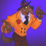  1:1 2022 5_fingers anthro big_bad_wolf_(ftpd) biped black_nose brown_body brown_fur brown_tail canid canine canis clothed clothing dyna_inugata fairy_tale_police_department fingers fur hat headgear headwear hi_res male mammal necktie portrait purple_background simple_background solo standing suit tail three-quarter_portrait wolf yellow_sclera 