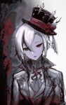  1girl 303owo303 arlecchino_(genshin_impact) black_headwear borrowed_accessory coat genshin_impact hat looking_at_viewer multicolored_hair red_pupils solo streaked_hair symbol-shaped_pupils top_hat upper_body white_coat white_hair x-shaped_pupils 