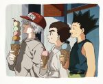  3boys blue_tank_top border character_request child dougi food gon_freecss holding holding_food hunter_x_hunter ice_cream karate_gi killua_zoldyck long_sleeves male_focus morning multiple_boys open_mouth outdoors qn_ui3 red_headwear tank_top teeth upper_body upper_teeth_only white_border white_hair 