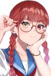  1girl :3 absurdres adjusting_eyewear alternate_costume alternate_hairstyle bespectacled blunt_bangs blush bracelet braid closed_mouth collarbone glasses haru_yu highres hololive houshou_marine jewelry long_hair red-framed_eyewear red_eyes red_hair round_eyewear smile solo twin_braids upper_body virtual_youtuber yellow_eyes 