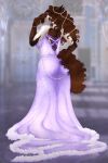  accessory anthro brown_body brown_eyes brown_hair brown_tail clothed clothing dress ears_back equid equine female full-length_portrait hair hi_res horse huskii-s looking_at_viewer mammal pivoted_ears portrait purple_clothing purple_dress rear_view solo standing tail white_body 