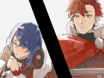  2boys alcryst_(fire_emblem) blue_hair brothers cape closed_mouth diamant_(fire_emblem) fire_emblem fire_emblem_engage hair_ornament hairclip high_collar highres long_sleeves male_focus multiple_boys red_eyes red_hair short_hair siblings sketch smile white_background wogesb 