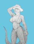  2023 anthro bikini blue_background clothing female hat headgear headwear hi_res komodo_dragon lizard midriff monitor_lizard perrox reptile scalie simple_background solo swimwear traditional_media_(artwork) 