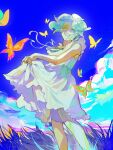  1other androgynous aqua_eyes aqua_hair blue_background blue_sky bug butterfly colored_eyelashes colored_mouth crystal_hair dress field glint glowing glowing_hair grass half-closed_eyes highres houseki_no_kuni looking_at_viewer on_grass open_mouth other_focus parted_bangs phosphophyllite portrait shirt short_hair sky smile solo sparkle teeth translucent translucent_hair white_dress white_shirt wind xiaoxiaoguguzi 