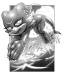  2023 ambiguous_gender anthro bandai_namco border cetacean day detailed_background digimon digimon_(species) dolphin feral glistening glistening_body greyscale group is_(artist) jumping male_(lore) mammal marine monochrome outside sea shoru_(character) toothed_whale trio veemon water wet white_border 