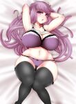  1girl arms_behind_head arms_up black_thighhighs blush bra breasts cleavage crescent crescent_hair_ornament curvy feet_out_of_frame hair_ornament haseru_(ginku_mh) highres huge_breasts long_hair looking_at_viewer navel on_bed open_mouth panties patchouli_knowledge purple_bra purple_eyes purple_hair purple_panties solo thighhighs touhou underwear 