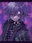  1boy alternate_costume black_collar black_hair checkered_clothes checkered_shirt closed_mouth collar danganronpa_(series) danganronpa_v3:_killing_harmony expressionless flipped_hair hair_between_eyes highres jacket long_sleeves looking_at_viewer male_focus medium_hair oma_kokichi open_clothes open_jacket pink_background purple_background purple_hair shirt short_hair solo upper_body urami0310 
