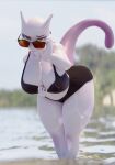  anthro beach bikini clothing eyebrows eyewear female generation_1_pokemon hi_res legendary_pokemon looking_at_viewer mewtwo nintendo pokemon pokemon_(species) raised_eyebrow seaside solo stopcallingmeafurry_(artist) sunglasses swimwear 