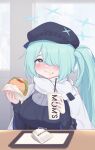  1girl belt black_belt black_headwear blue_archive blue_halo blush breasts bsm_(nerdmin) burger cabbie_hat closed_mouth crying crying_with_eyes_open drink drinking_straw eating food green_eyes green_hair hair_over_one_eye halo hat highres hiyori_(blue_archive) holding holding_food large_breasts long_hair long_sleeves mom&#039;s_touch side_ponytail solo tears 