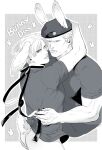  2boys animal_ears ass bara beret bottomless couple english_text greyscale hand_on_another&#039;s_ass hat highres jack_krauser large_pectorals leon_s._kennedy looking_at_viewer male_focus monochrome multiple_boys muscular muscular_male naked_shirt pectorals rabbit_boy rabbit_ears rabbit_tail resident_evil resident_evil_4 resident_evil_4_(remake) shirt short_hair tail ya2der2 yaoi 