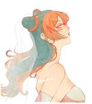  1girl bare_shoulders bridal_veil brown_eyes cone_hair_bun double_bun dress elbow_gloves freckles gloves gradient_hair green_hair hair_bun highres jojo_no_kimyou_na_bouken kujo_jolyne looking_at_viewer mm_umum multicolored_hair orange_hair profile simple_background solo stone_ocean two-tone_hair upper_body veil wedding_dress white_background white_gloves 