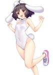  1girl :3 :d ahoge alternate_costume animal_ears bangs bare_shoulders black_hair blush breasts floppy_ears foot_out_of_frame happy hataraki_kuma inaba_tewi leotard medium_breasts open_mouth pink_footwear rabbit_ears rabbit_tail shoes short_hair simple_background smile solo standing standing_on_one_leg tail touhou white_background white_leotard 