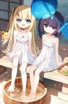  2girls :d bare_arms bare_shoulders barefoot blonde_hair blue_eyes brown_collar closed_mouth collar collarbone commentary_request day dress flower flower_girl_(yuuhagi_(amaretto-no-natsu)) food foot_bath hair_between_eyes hair_ornament hairclip highres long_hair looking_at_viewer mochi multiple_girls one_side_up original outdoors purple_hair shiho_(yuuhagi_(amaretto-no-natsu)) sitting sleeveless sleeveless_dress smile soaking_feet sunflower very_long_hair water white_dress wind_chime x_hair_ornament yellow_flower yuuhagi_(amaretto-no-natsu) 
