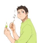  1boy blush brown_eyes brown_hair dango eating food green_shirt haikyuu!! highres male_focus notice_lines pon_kan sawamura_daichi shirt short_hair solo spoken_notice_lines wagashi white_background 