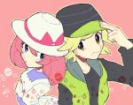  1boy 1girl blonde_hair blue_eyes collarbone commentary_request curtis_(pokemon) green_eyes hand_on_headwear mole mole_under_eye mole_under_mouth pink_background pink_hair pokemon pokemon_(game) pokemon_bw2 smile star_(symbol) toume upper_body vest white_headwear yancy_(pokemon) 