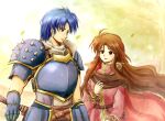  1boy 1girl armor black_cape blue_armor blue_eyes blue_hair brown_eyes brown_hair cape coat fire_emblem fire_emblem:_mystery_of_the_emblem fire_emblem:_new_mystery_of_the_emblem long_hair looking_at_another pauldrons pink_coat red-50869 red_cape samson_(fire_emblem) sheena_(fire_emblem) shoulder_armor spiked_pauldrons two-tone_cape very_long_hair 