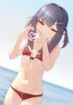  1girl bikini blurry blurry_background blush breasts day gradient_hair hair_ornament hairclip half-closed_eyes heart heart_hands highres kantai_collection looking_at_viewer multicolored_hair navel o-ring o-ring_bikini orange_eyes outdoors purple_hair red_bikini revision sakieko sky small_breasts solo standing stomach swimsuit tsushima_(kancolle) two_side_up zipper zipper_bikini 