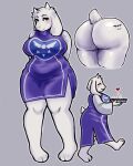  &lt;3 absurd_res anthro big_breasts big_butt blush boss_monster bovid breasts butt caprine clothing dress eyes_closed female floppy_ears front_view fur goat grey_background hi_res horn huge_breasts huge_butt lop_ears mammal navel_outline nipple_outline overweight overweight_female peachrot purple_clothing purple_dress purple_eyes short_tail side_view simple_background solo tail thick_thighs toriel undertale undertale_(series) white_body white_fur wide_hips 