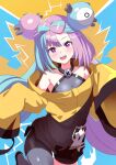  1girl :d bike_shorts blush breasts bright_pupils commentary_request eyelashes green_hair grey_shirt iono_(pokemon) jacket long_hair long_sleeves looking_at_viewer multicolored_hair open_mouth pokemon pokemon_(game) pokemon_sv pon_tanuki_(ga7fsrge9jxblaw) purple_eyes purple_hair shirt single_leg_pantyhose sleeveless sleeveless_shirt sleeves_past_fingers sleeves_past_wrists smile solo teeth two-tone_hair upper_teeth_only white_pupils yellow_jacket 