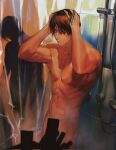  2boys bathroom brown_hair completely_nude convenient_censoring cowboy_shot hair_down hands_in_hair hands_up highres indoors kusanagi_kyou lomizuki looking_at_another multiple_boys navel nude red_hair see-through_silhouette showering sideways_glance silhouette standing steam the_king_of_fighters tile_wall tiles toned toned_male wet wet_hair yagami_iori 