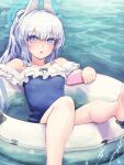  1girl animal_ears bare_legs bare_shoulders barefoot blue_archive blush bow breasts cellphone fake_animal_ears foot_out_of_frame grey_hair halo highres holding legs long_hair looking_at_viewer miyako_(blue_archive) miyako_(swimsuit)_(blue_archive) phone purple_eyes rabbit_ears soles solo stella_(stella) white_hair 