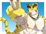  abs anthro eyebrows eyewear felid fur gesture goggles grin hi_res male mammal morenatsu mostly_nude muscular muscular_anthro muscular_male nipples pantherine pawpads pecs rotton smile solo stripes thick_eyebrows tiger torahiko_(morenatsu) v_sign yellow_body yellow_fur 